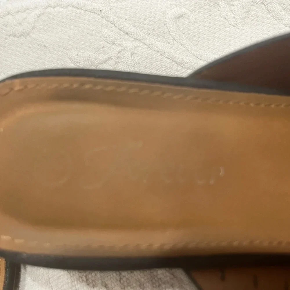 Black wedge, cross-over open toe, beaded, size 7